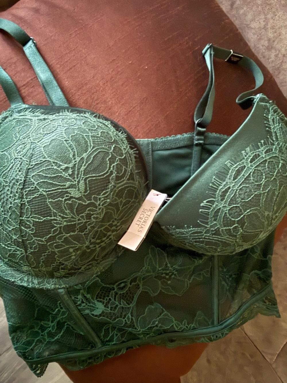Victoria's Secret Dark Green Lace Longline Bra